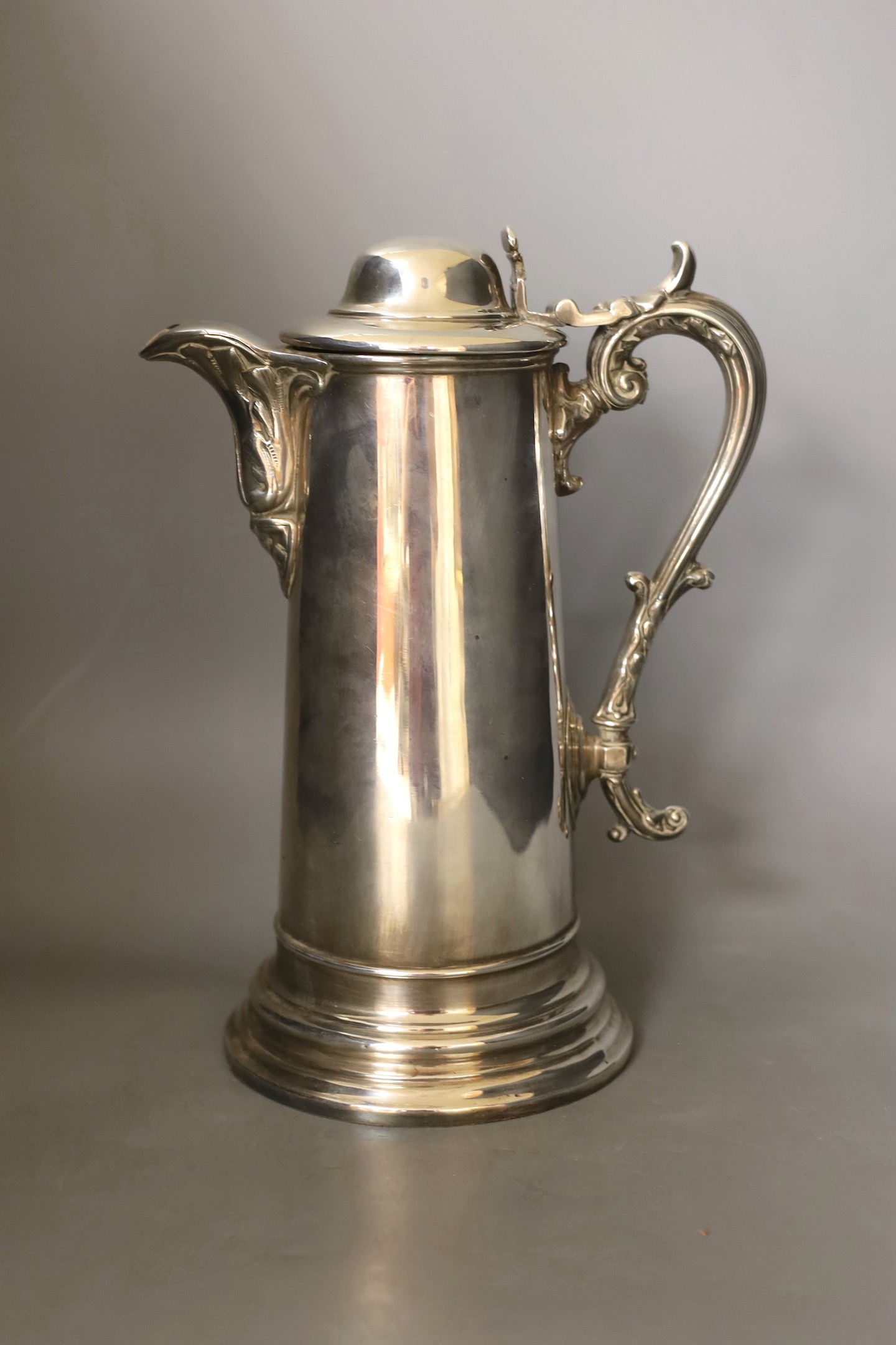 A 19th century silver plated flagon, with domed cover, by W. Tyler, Sheffield, height 31.2cm.